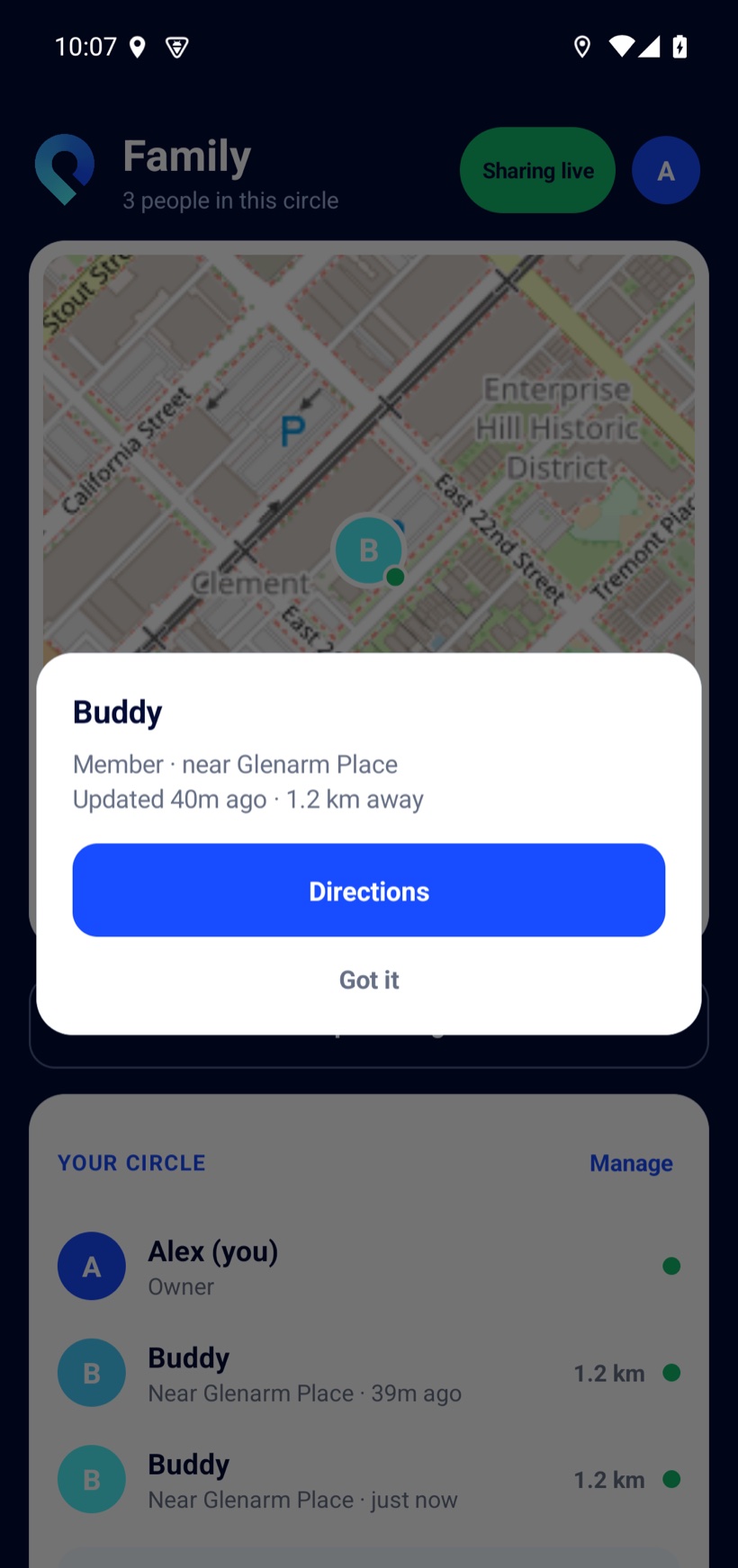 Member detail sheet in Placie: Buddy near Glenarm Place, updated 40 minutes ago, 1.2 km away, with a Directions button