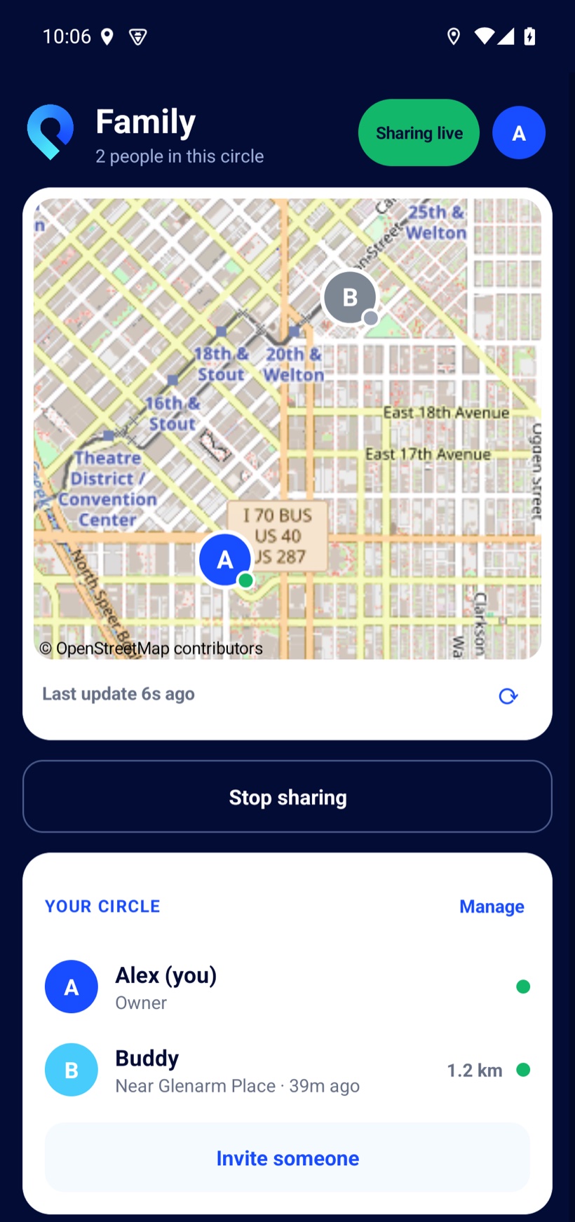Placie home screen: two members of the Family circle on a street map, a green Sharing live pill, and a circle list showing Buddy near Glenarm Place, updated 39 minutes ago
