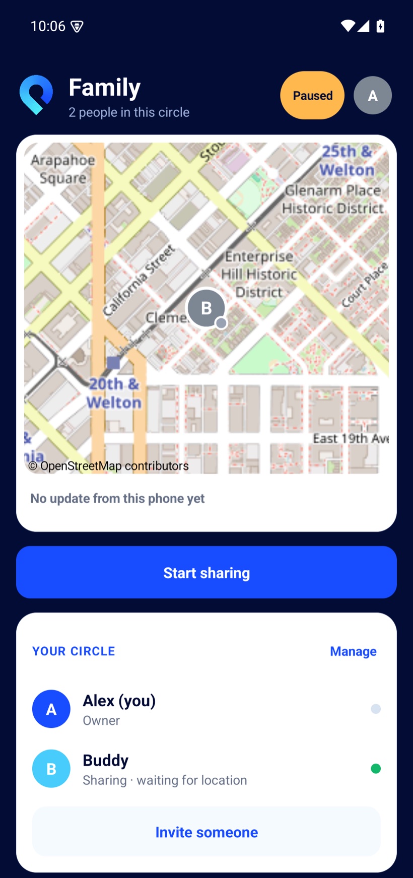 Placie home screen in the paused state: an amber Paused pill over the map, Buddy's latest known location, and a Start sharing button