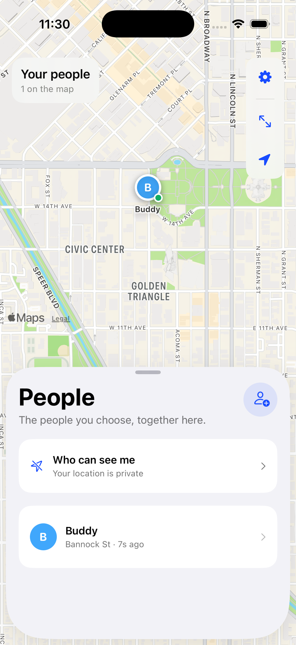 Placie People screen with Buddy’s latest location on the map and a Who can see me card showing your location is private