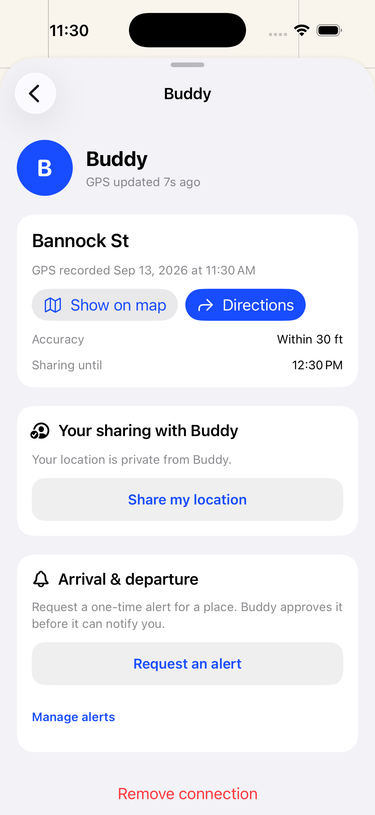 Buddy’s last known location, capture time, directions, and independent sharing controls
