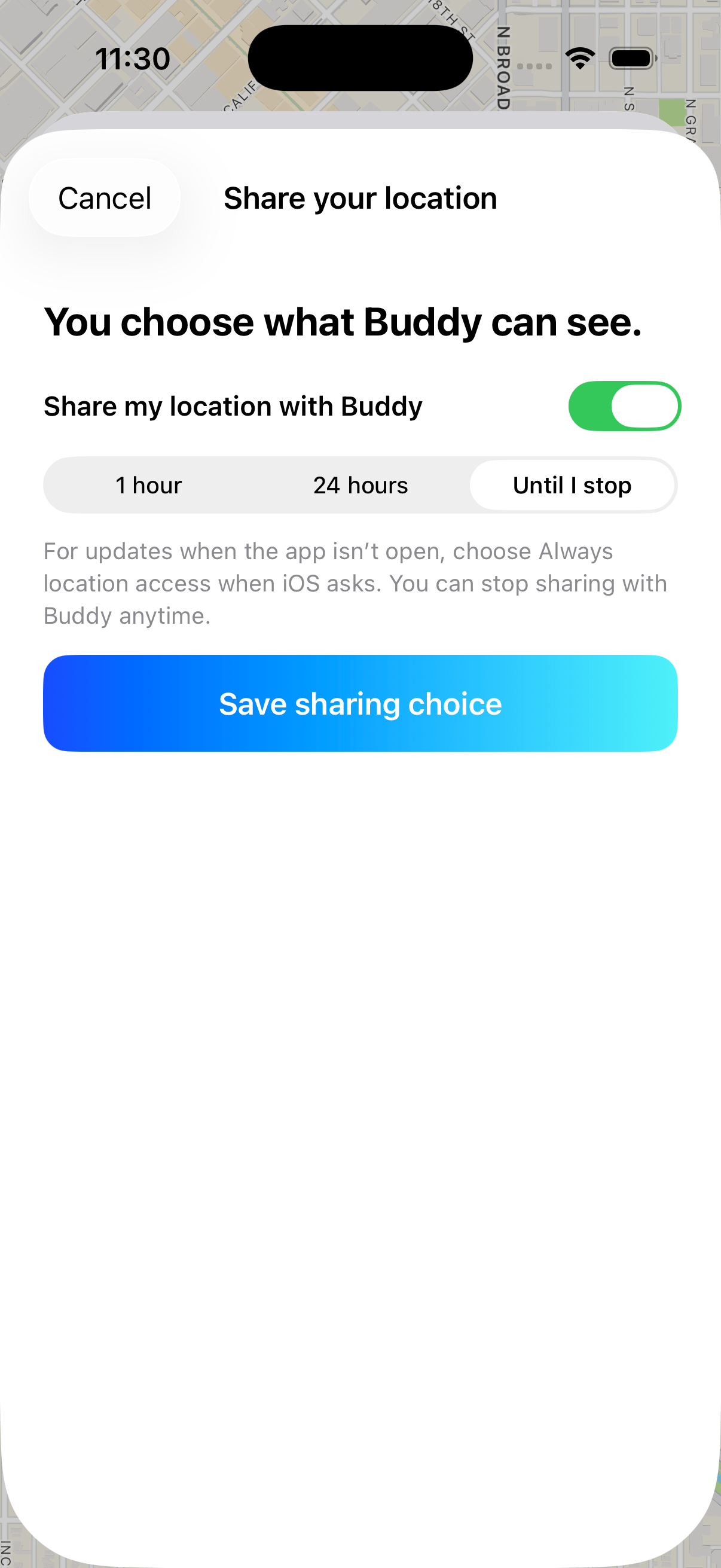 Personal sharing choices for Buddy: one hour, 24 hours, or until you stop